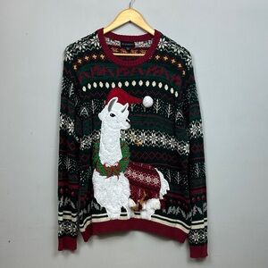 Blizzard Bay Unisex Green & Red Nordic Fair Isle Llama Christmas Sweater Sz XXL